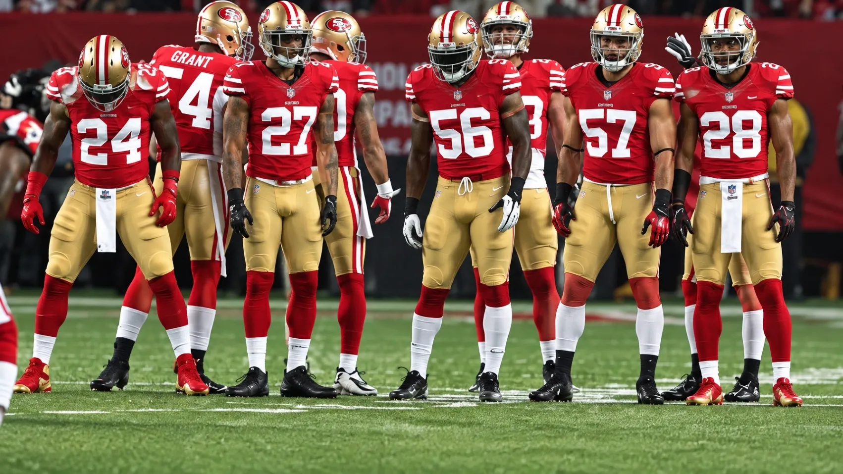San Francisco 49ers defensive unit lined up in red uniforms