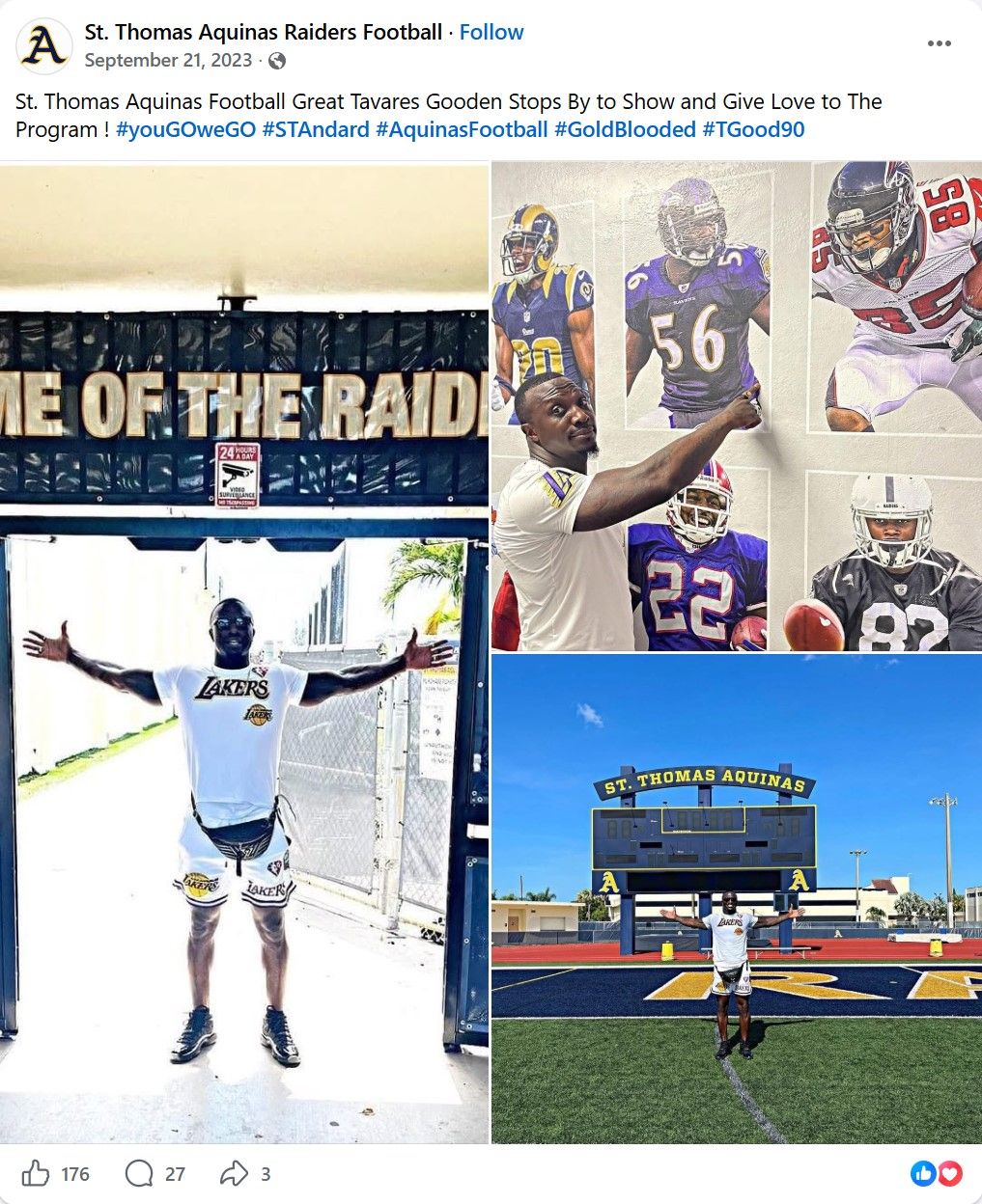 St. Thomas Aquinas Football Facebook post collage showing Tavares Gooden visiting the program